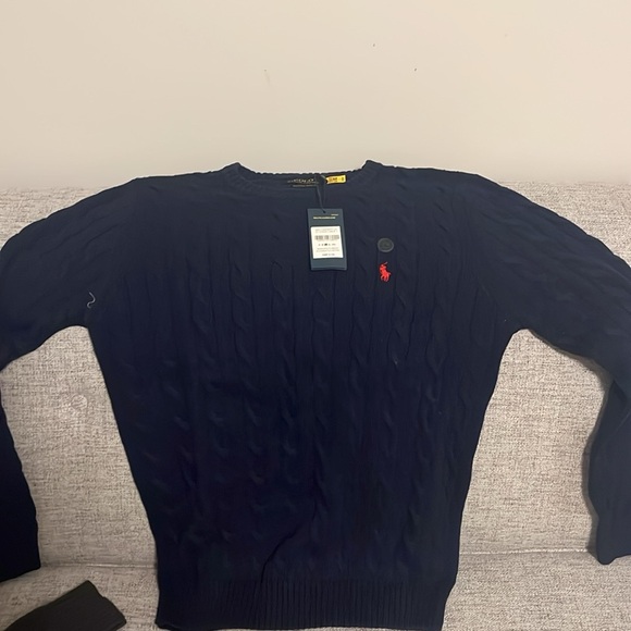 Men’s Polo Navy Cable Knit Sweater - Picture 3 of 3